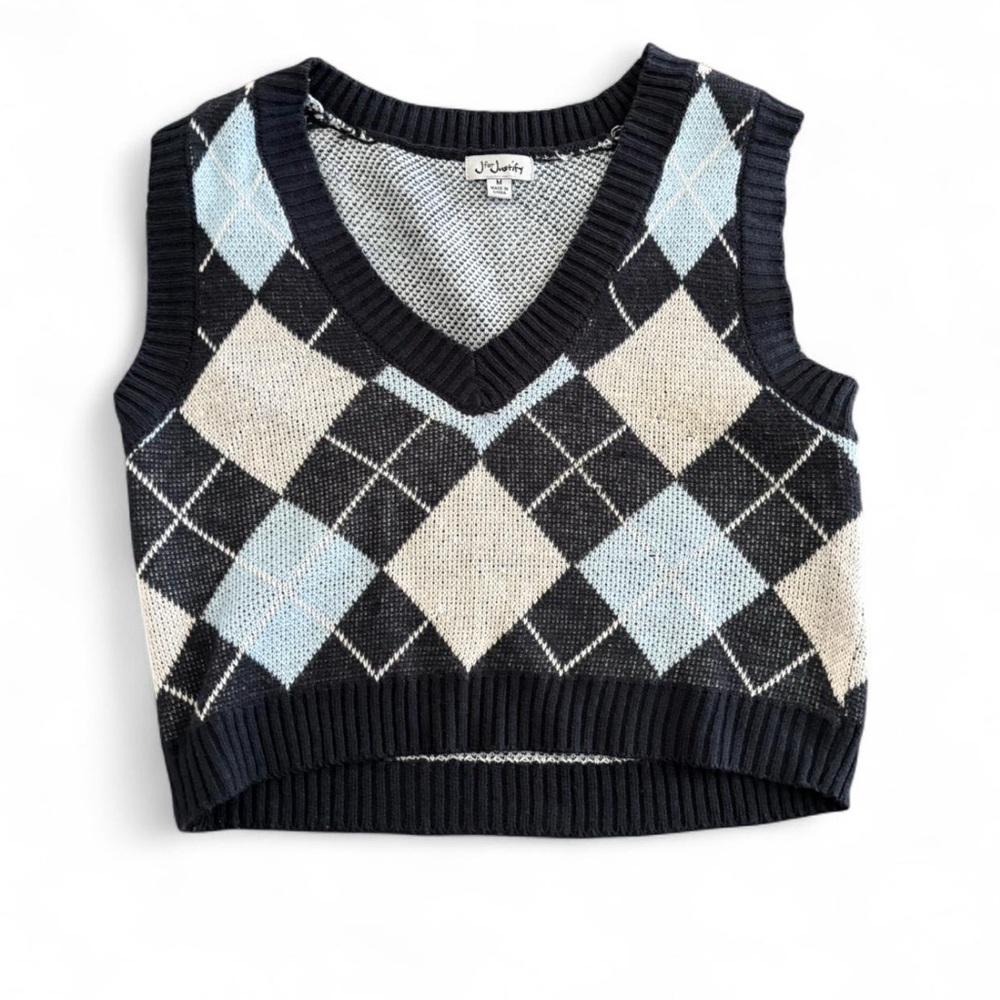 Blue and white cropped argyle sweater vest